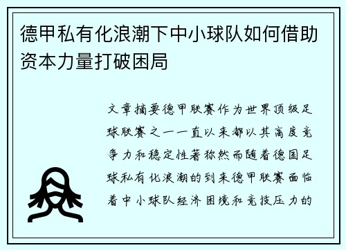 德甲私有化浪潮下中小球队如何借助资本力量打破困局