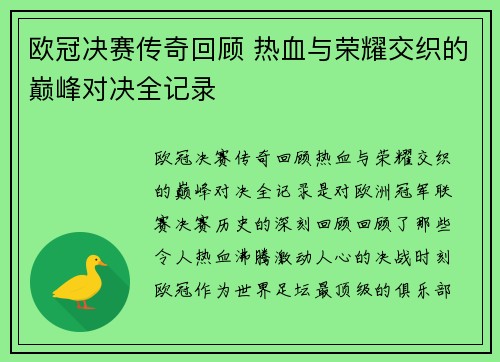 欧冠决赛传奇回顾 热血与荣耀交织的巅峰对决全记录
