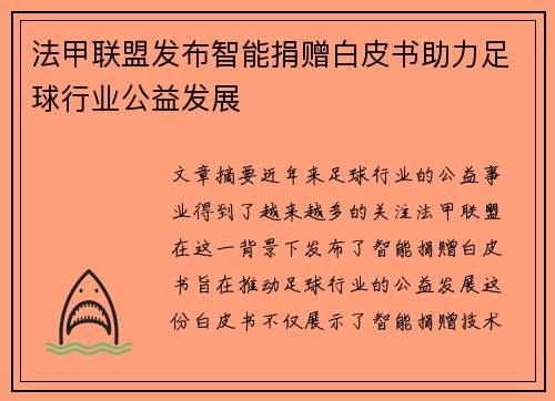 法甲联盟发布智能捐赠白皮书助力足球行业公益发展